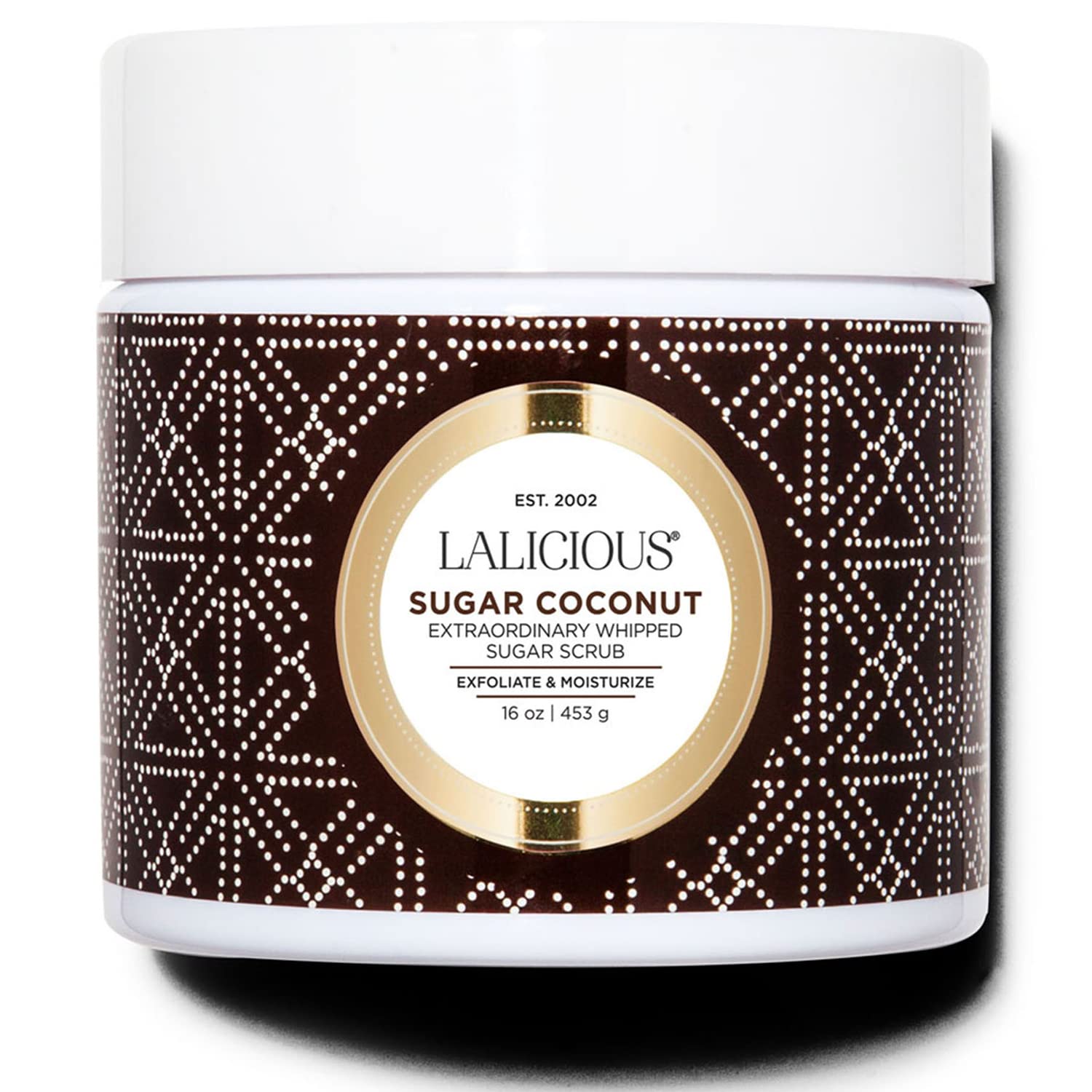 LaLicious Sugar Coconut Sugar Scrub jar close-up shows whipped texture for gentle exfoliation.