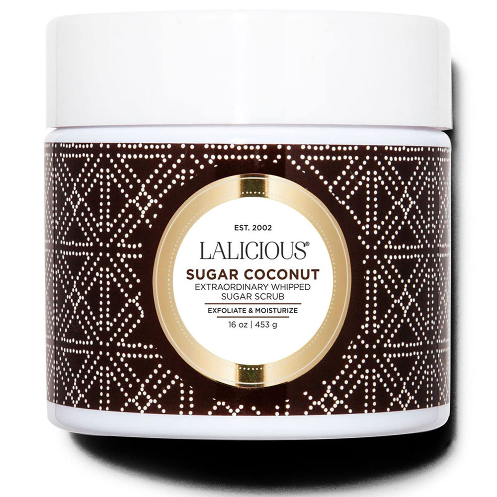 LaLicious Sugar Coconut Sugar Scrub jar close-up shows whipped texture for gentle exfoliation.