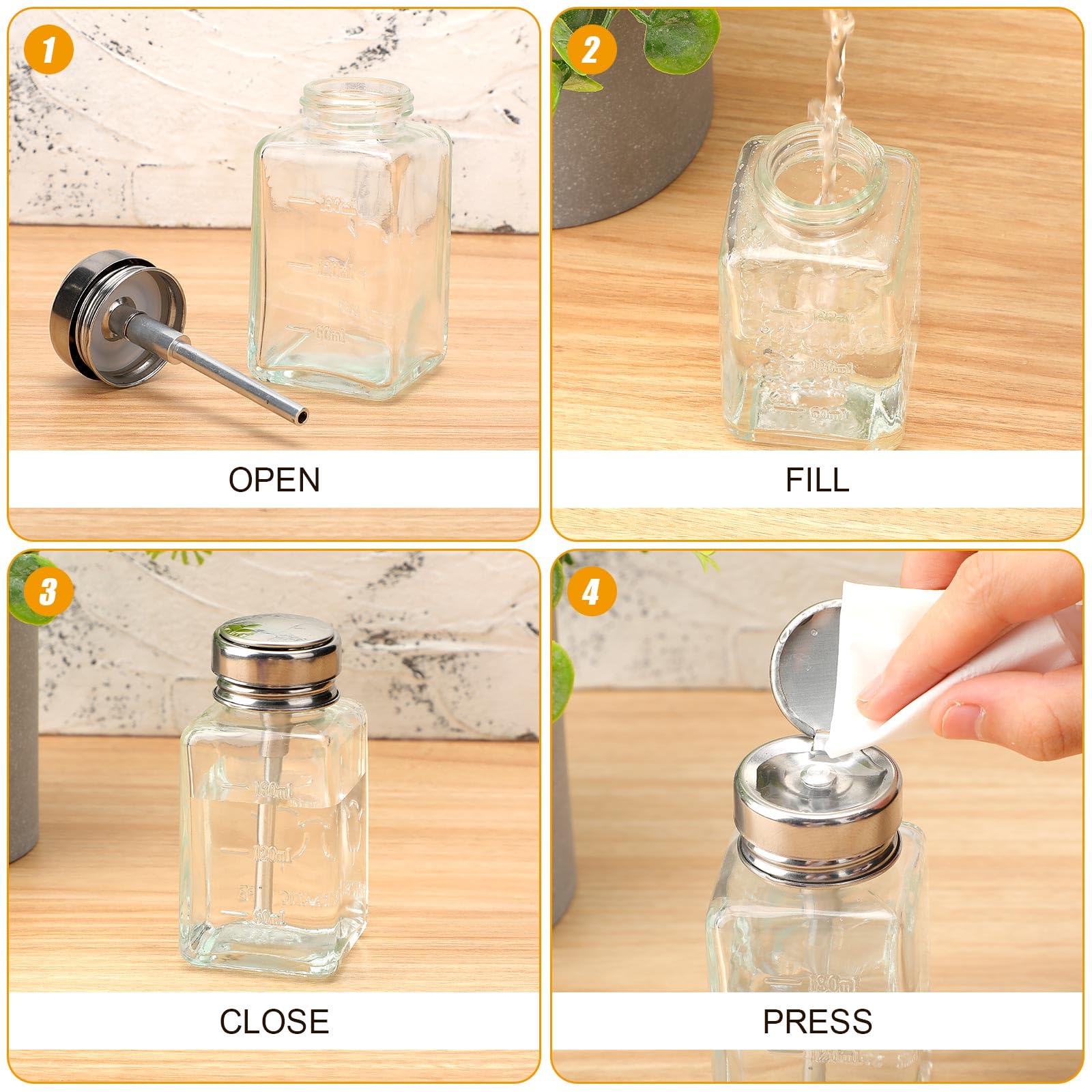 Lallisa transparent glass bottle allows quick content checks for makeup remover.
