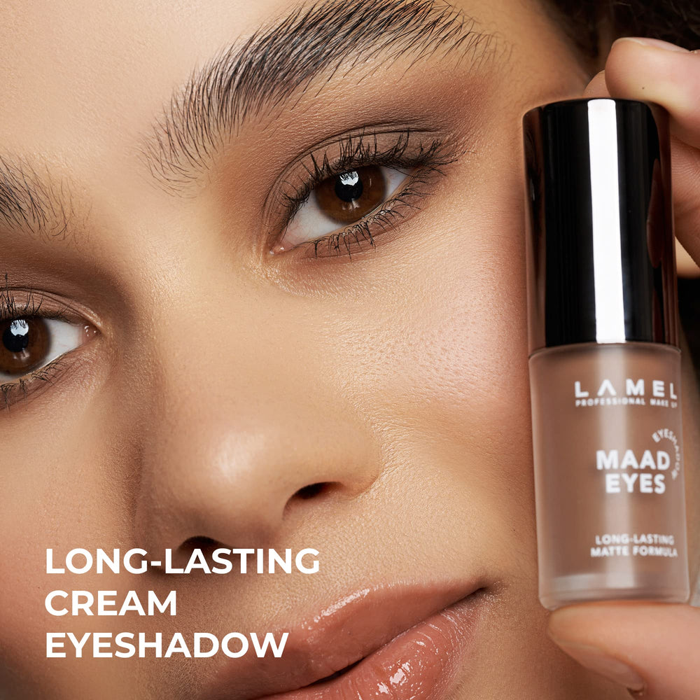 Lamel Matte Liquid Eyeshadow brown swatch showcases rich pigment for versatile looks.
