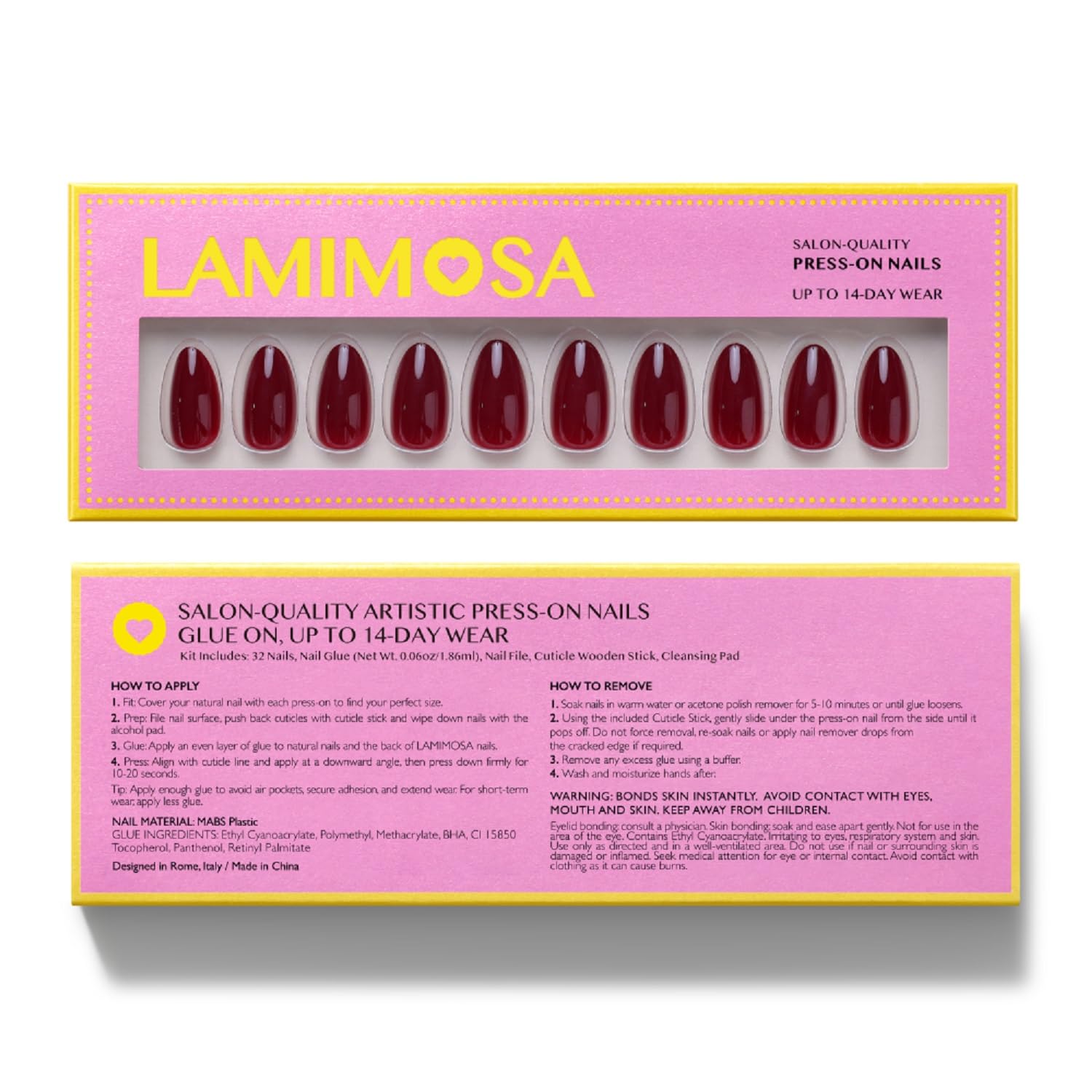 LAMIMOSA 32-nail kit in 16 sizes ensures precise, comfortable fit.