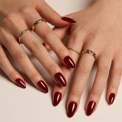 LAMIMOSA burgundy red press-on nails in almond shape with salon-like shine at home.