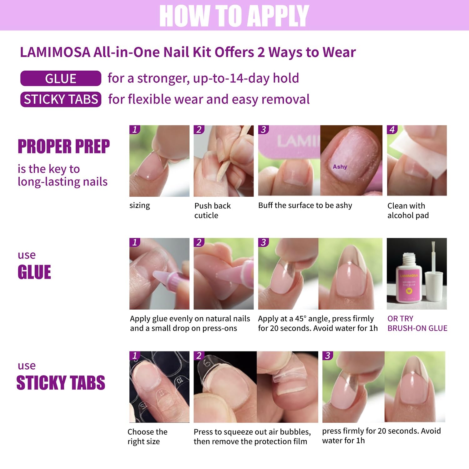 LAMIMOSA nail-care kit includes file, cuticle stick, and prep pad for quick prep.