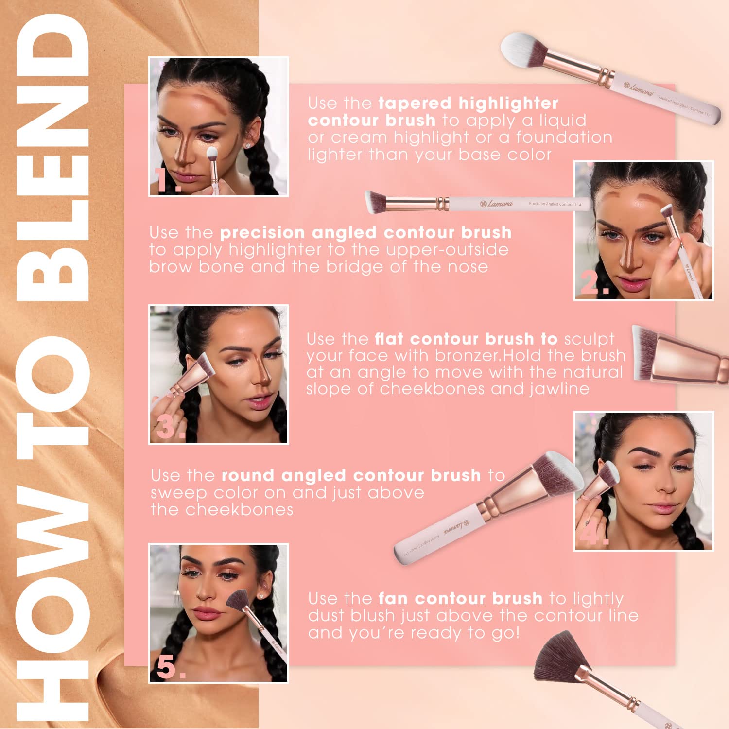 Lamora ergonomic handle design supports comfortable, extended makeup sessions.