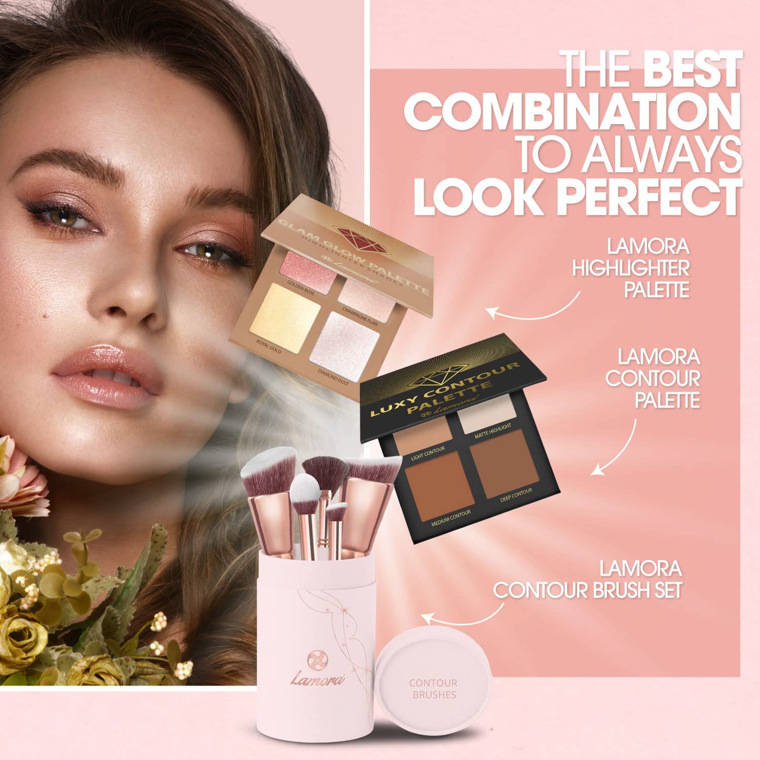 Lamora fan brush softly sweeps highlighter for a feathered finish.