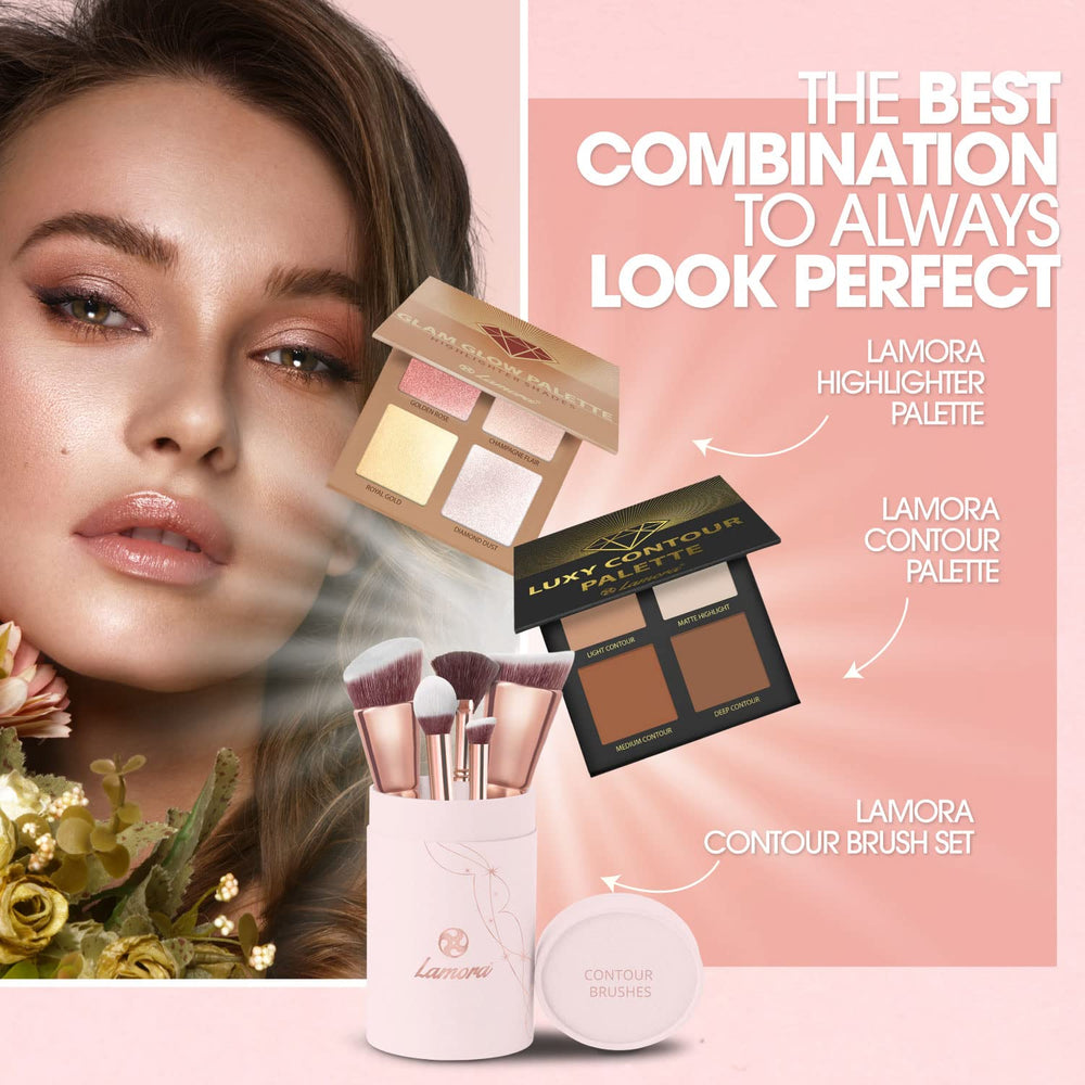 Lamora fan brush softly sweeps highlighter for a feathered finish.
