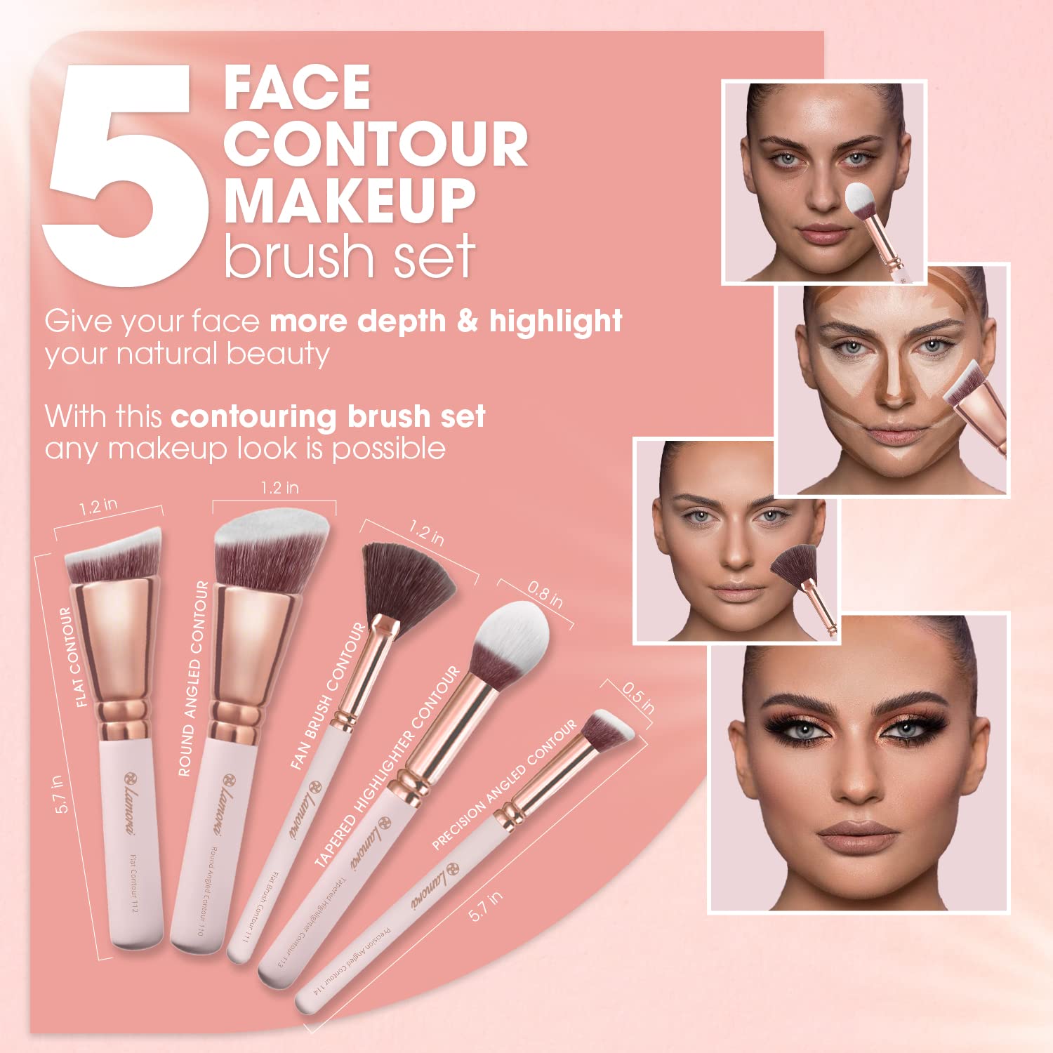 Lamora flat contouring brush delivers clean lines for sculpted jawline definition.