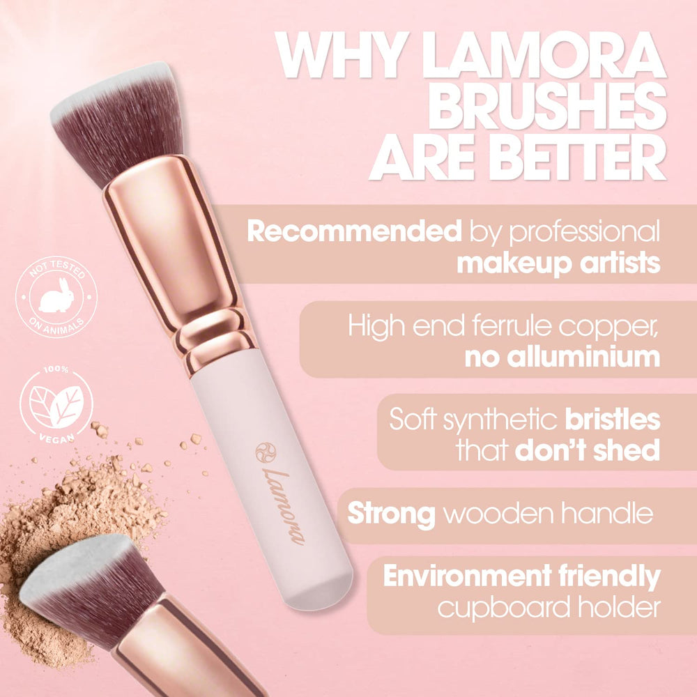 Lamora Kabuki contour brush creates soft, defined sculpting.