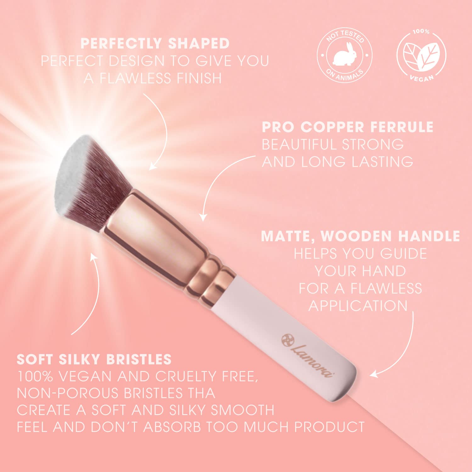 Lamora Kabuki highlighter brush yields luminous, diffused glow.