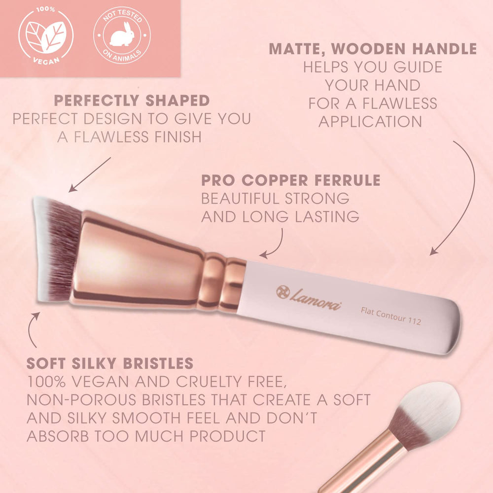Lamora precision angled contour brush enhances targeted shading around cheek and nose.