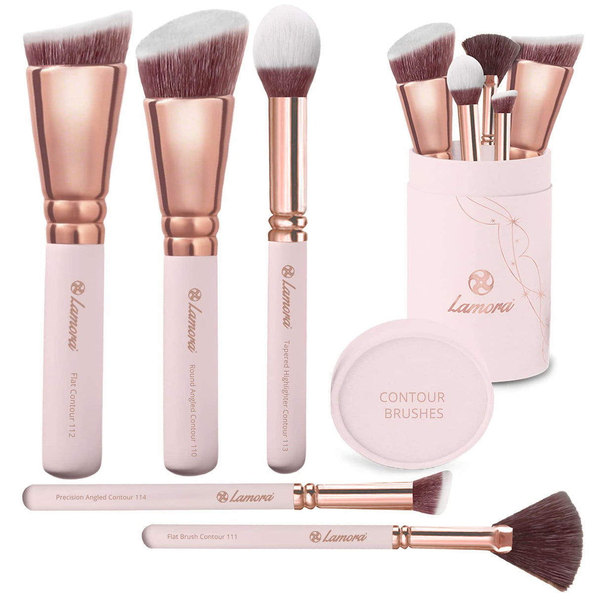Lamora Pro Face Contour Brush Set packaging showcases premium vegan brushes for easy contouring.
