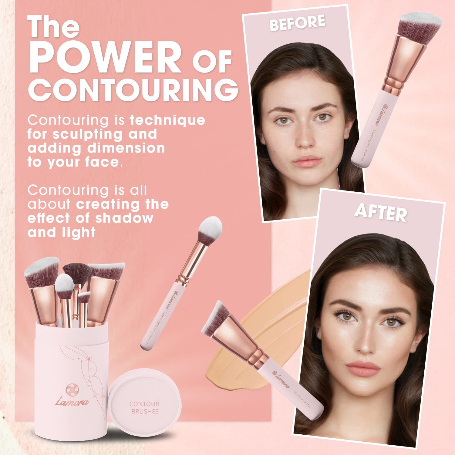 Lamora round angled contour brush for precise cheekbone definition and seamless blending.