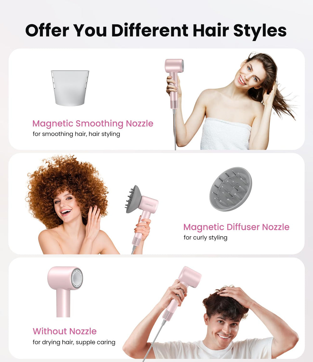 LAMPICK hair dryer diffuser and nozzle enable curls and precise finishes.