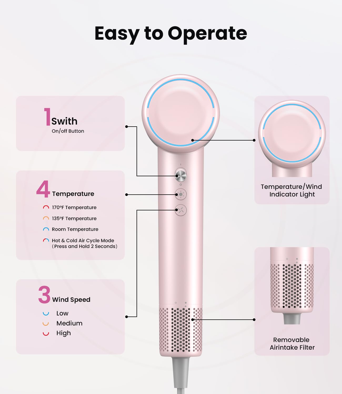 LAMPICK hair dryer features hot/cold cycle to finish styles gently.