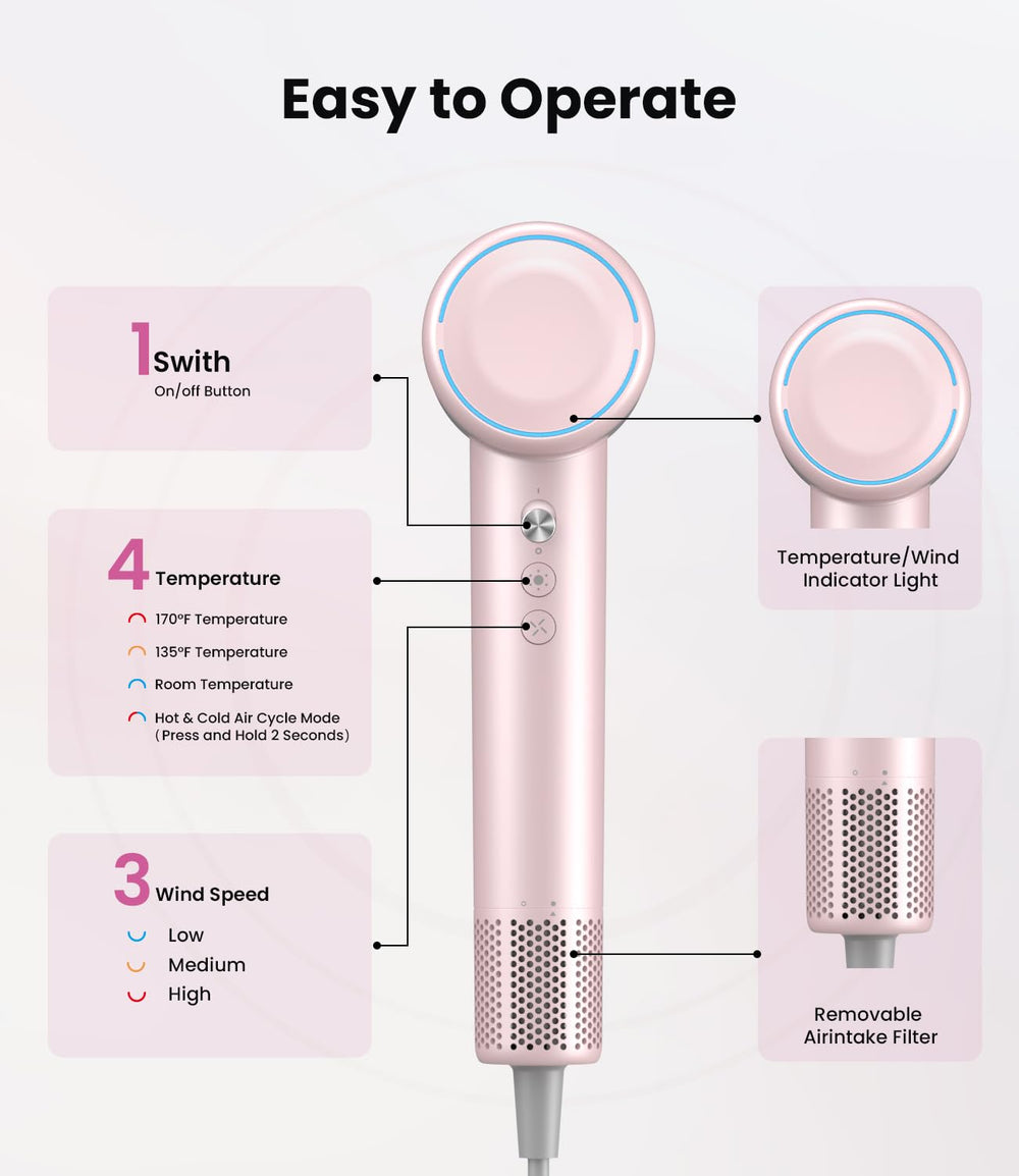 LAMPICK hair dryer features hot/cold cycle to finish styles gently.