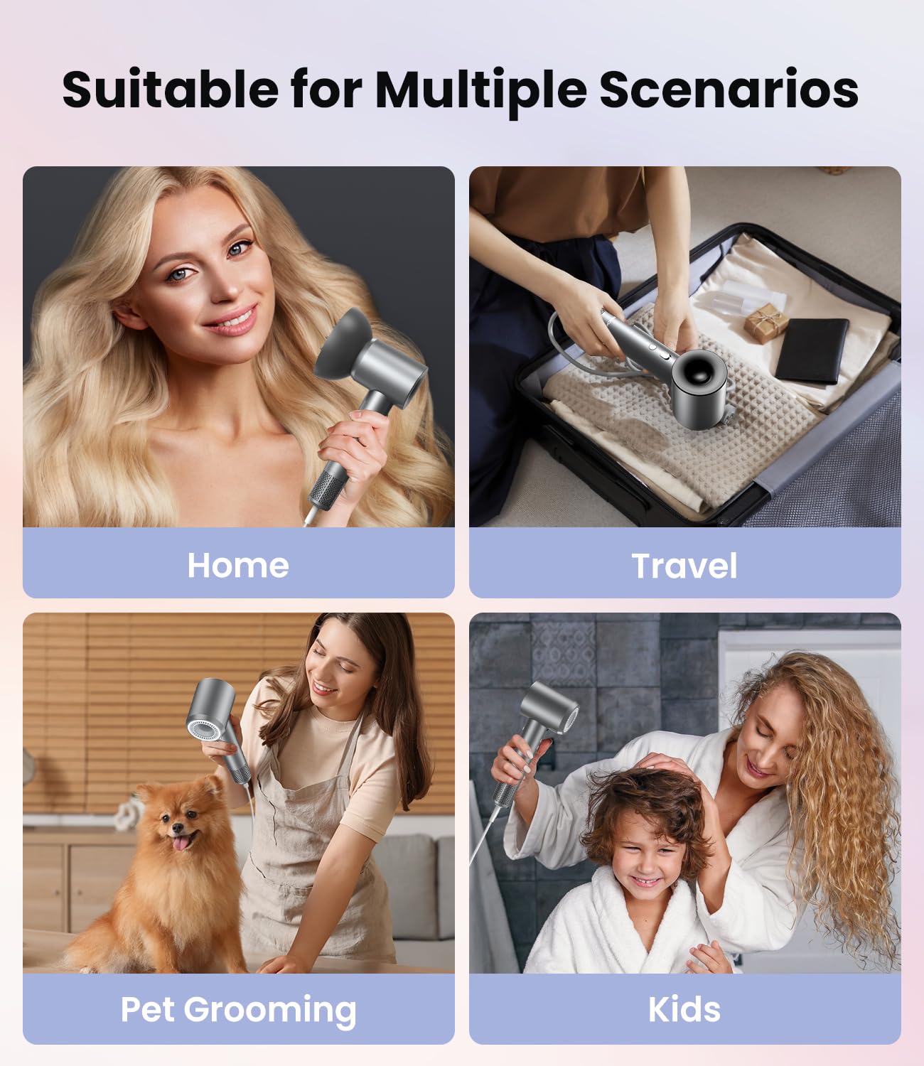 LAMPICK Hair Dryer in use delivers fast drying with diffuser.