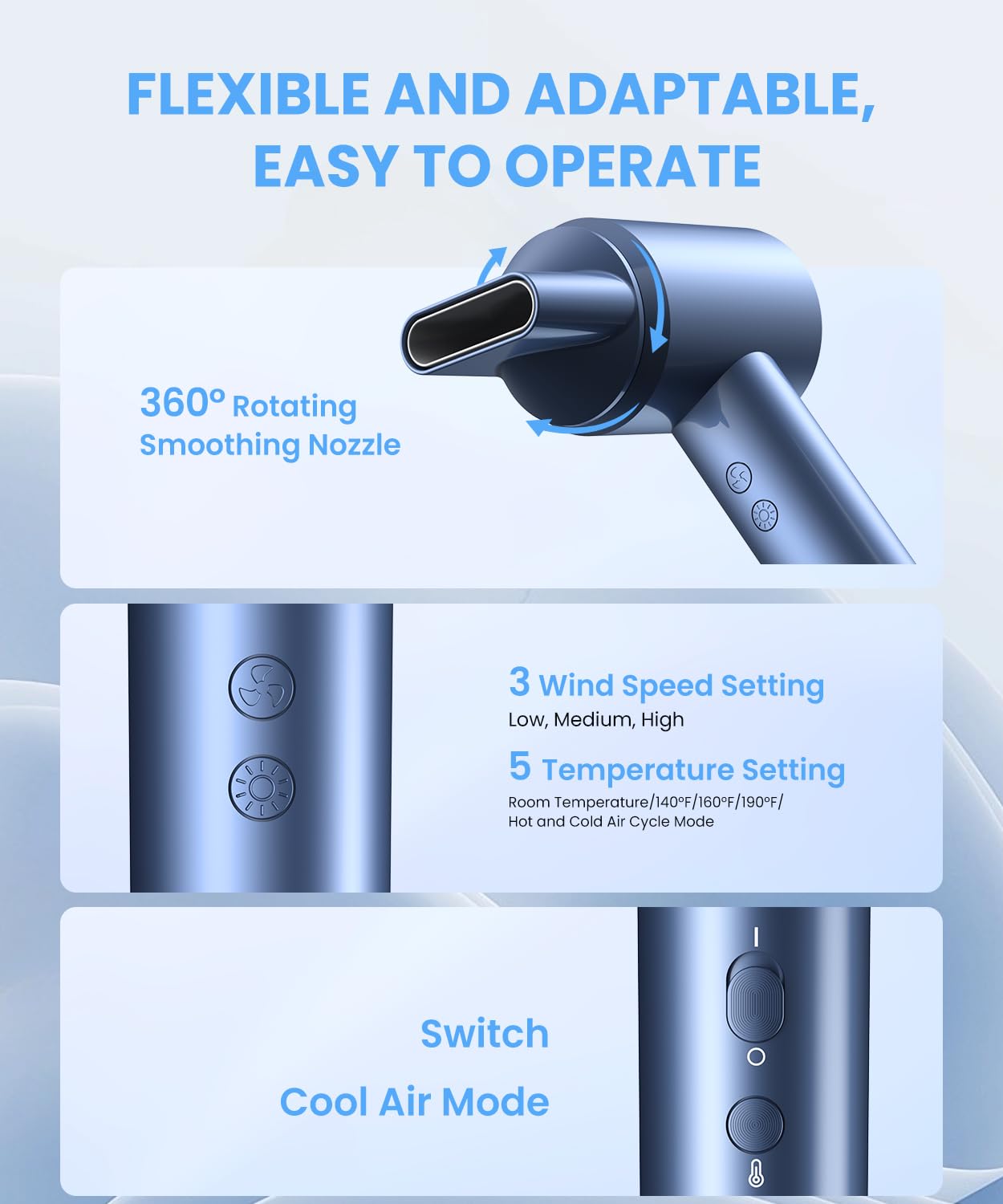 LAMPICK hair dryer 5 temps 3 speeds view highlighting customization options.