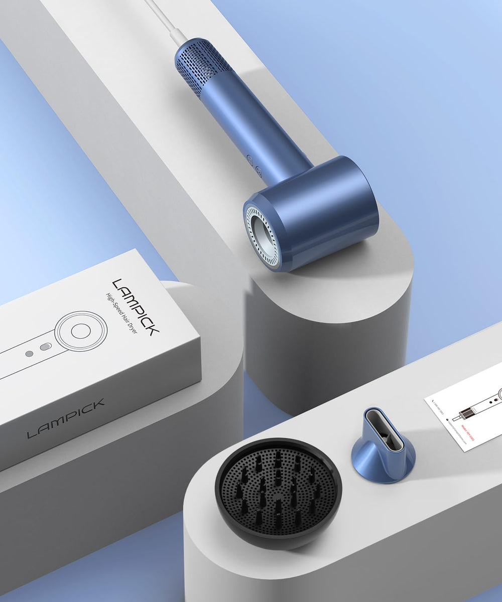 LAMPICK hair dryer safety features close-up including overheat protection and removable filter.