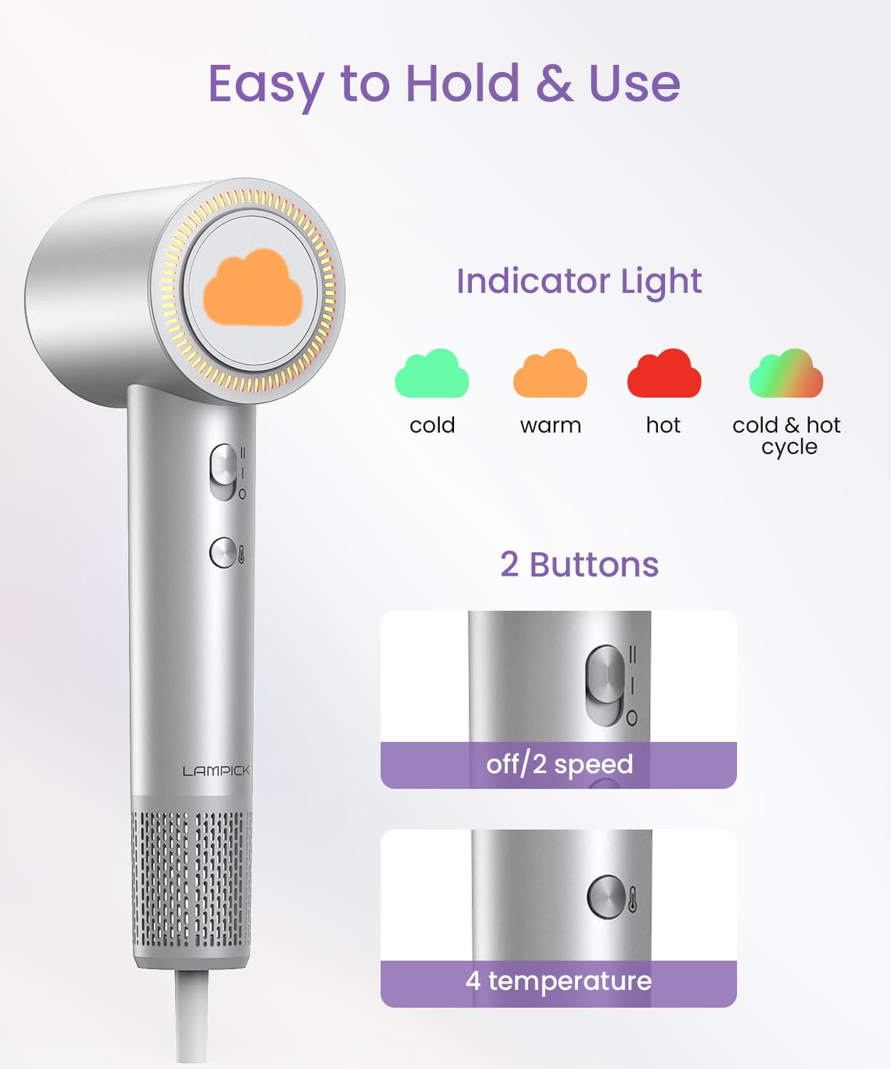 LAMPICK hair dryer thermo-control system for safer drying.