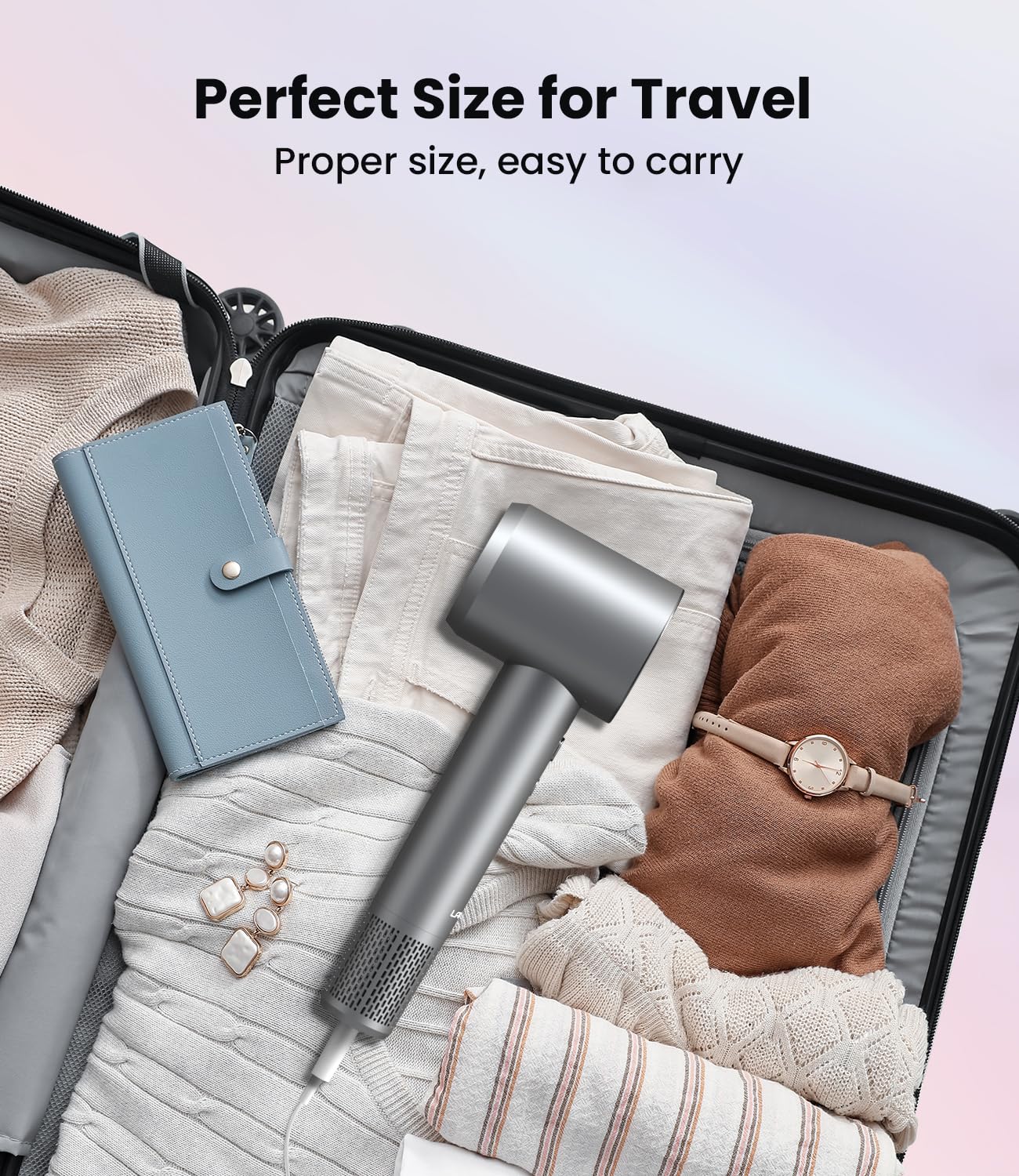 LAMPICK Hair Dryer fits into compact travel case for on-the-go.
