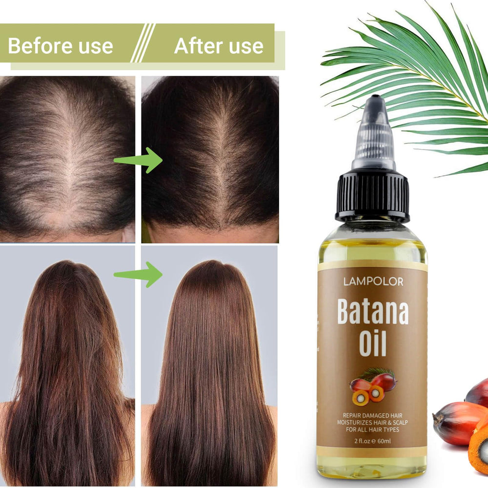 Lampolar Batana Oil ingredients panel emphasizes 100% pure unrefined oil with natural nutrients.