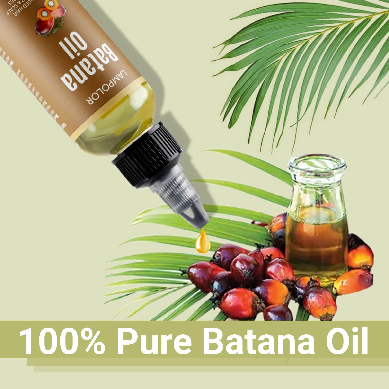 Lampolar RAW Batana Oil in hand highlights essential fatty acids for deep conditioning.