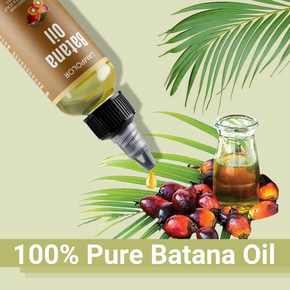 Lampolar RAW Batana Oil in hand highlights essential fatty acids for deep conditioning.