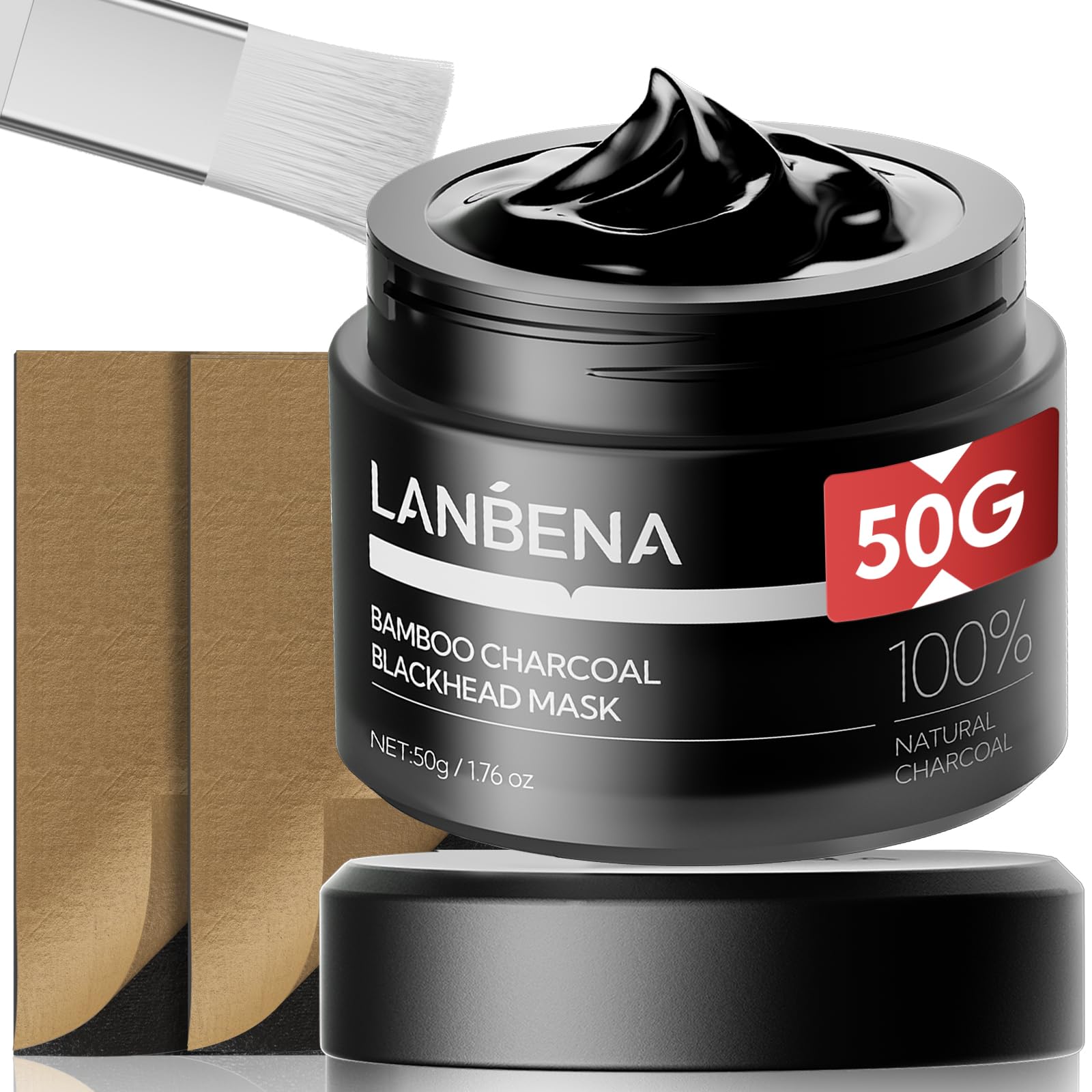 LANBENA bamboo charcoal mask jar shown for deep cleansing and pore refinement.