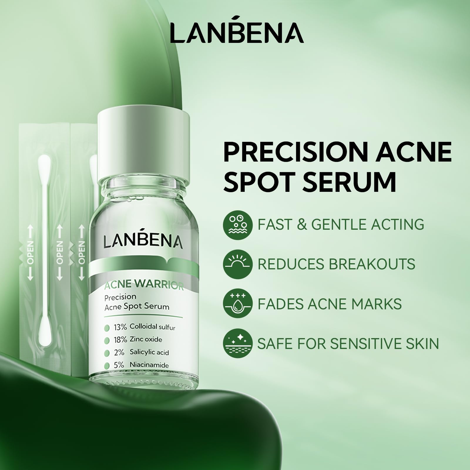 LANBENA overnight acne treatment application shows quick, convenient spot care before bed.