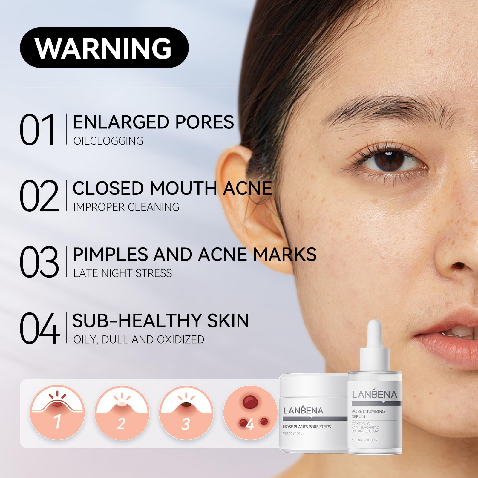 LANBENA pore-minimizing serum bottle emphasizes hydration and tighter-looking pores.