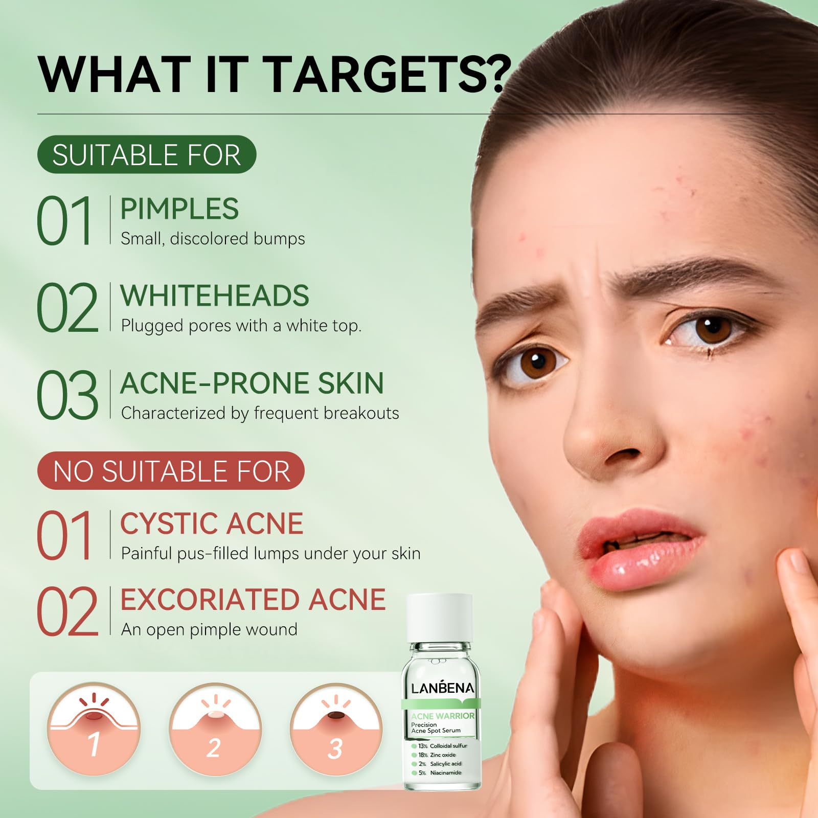 LANBENA serum texture closeup highlights lightweight, quick-absorbing formula for sensitive skin.