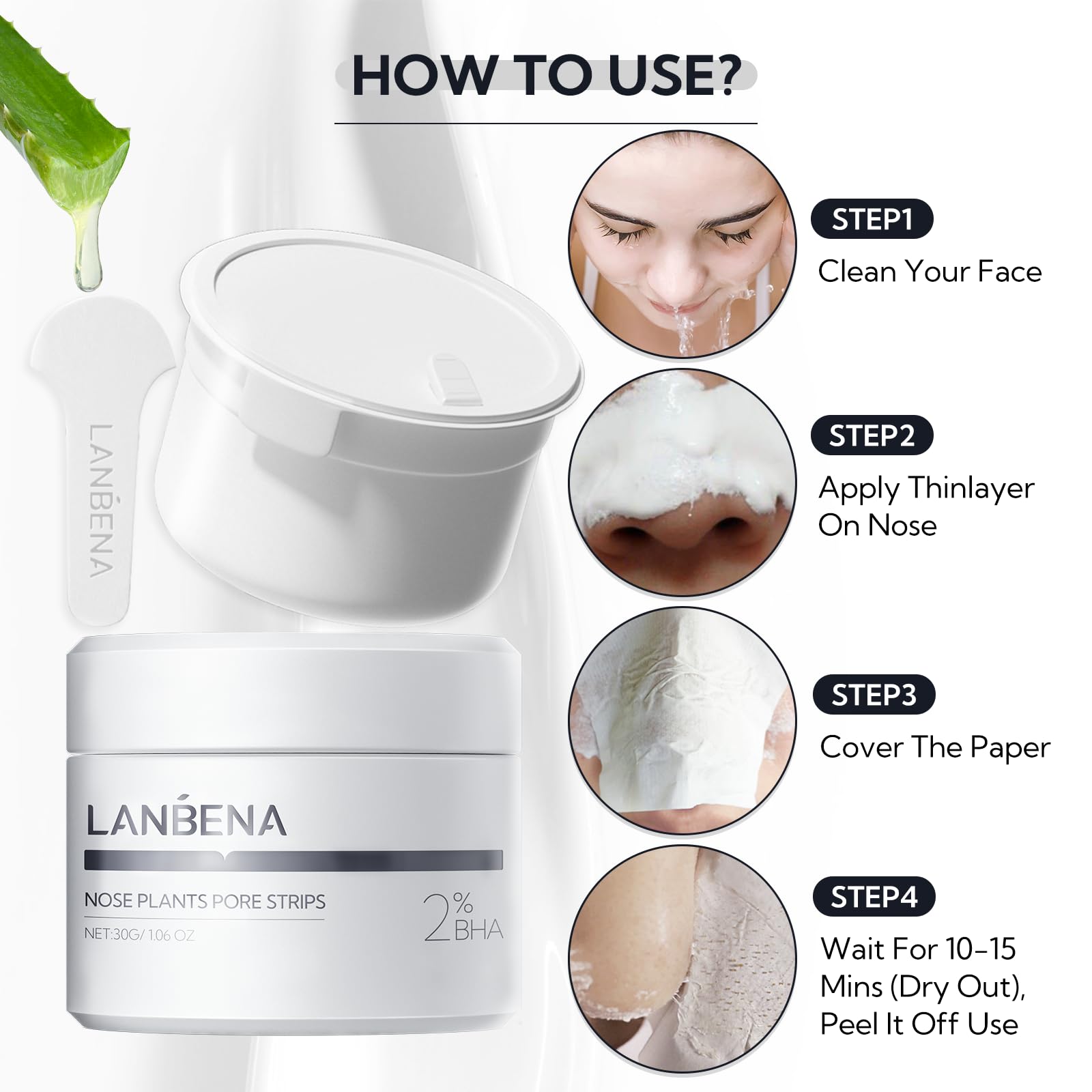 LANBENA skincare routine image shows pre- and post-cleanse moment.