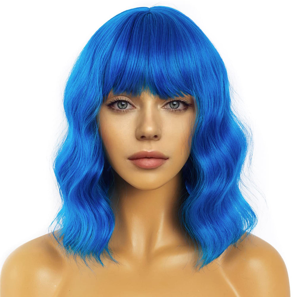 LANCAINI short bob wavy wig blue front view for cosplay and daily wear