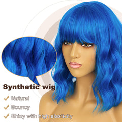 LANCAINI blue wig side view shows bangs and textured waves for versatile styling
