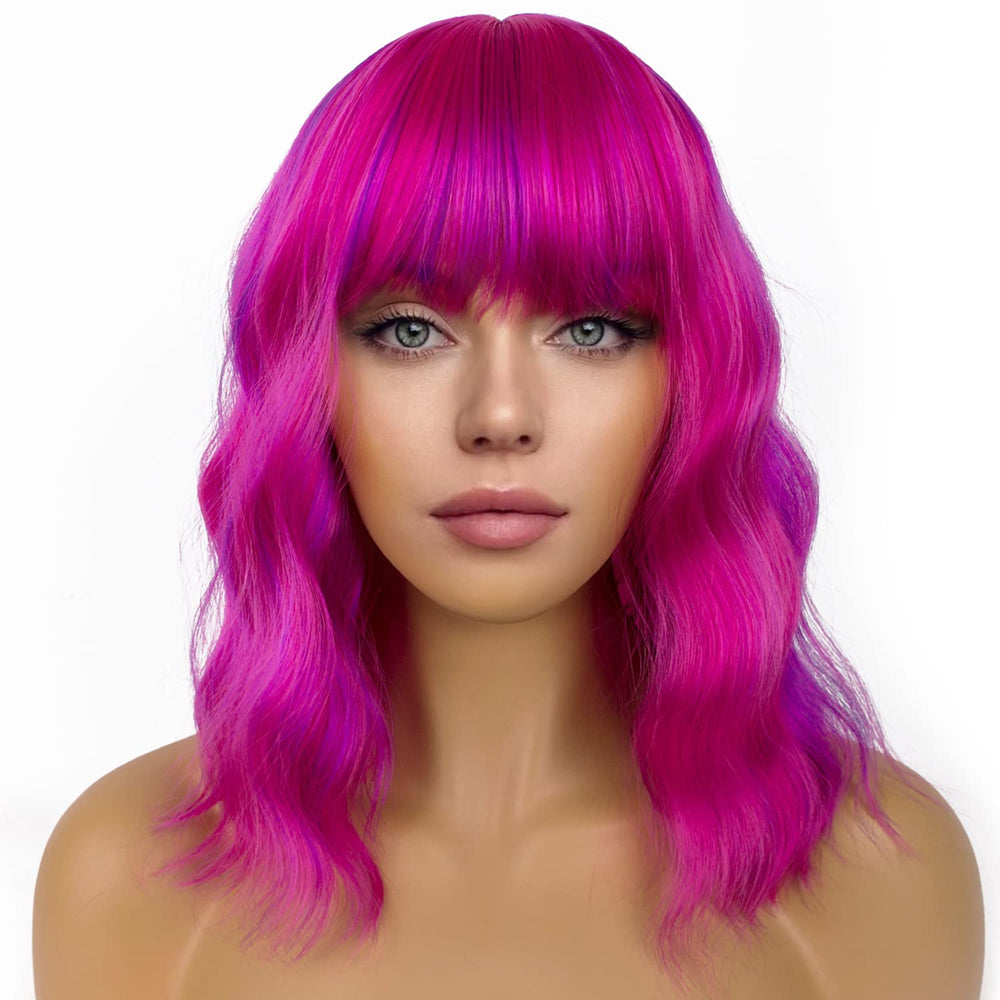 LANCAINI short bob wig with bangs rose mix purple for an easy cosplay and daily wear