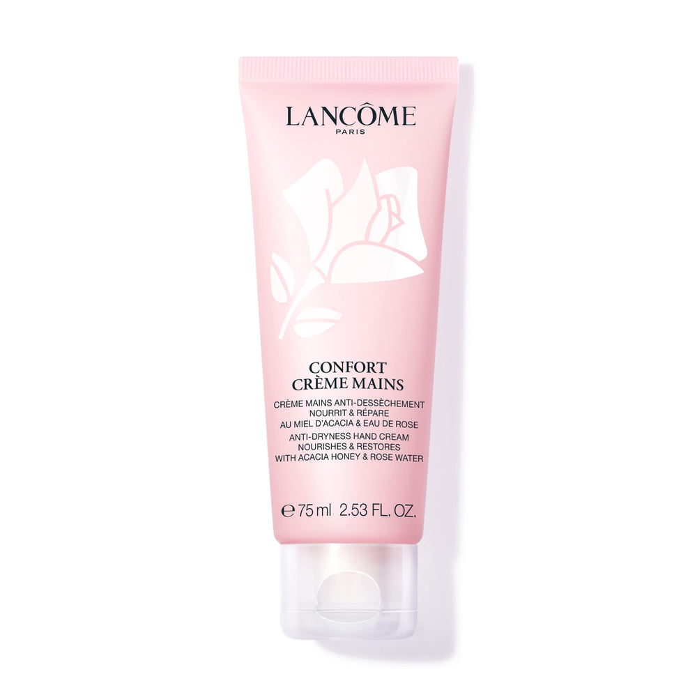 Lancôme Confort Hand Cream bottle close-up shows rich moisture for quick hydration.