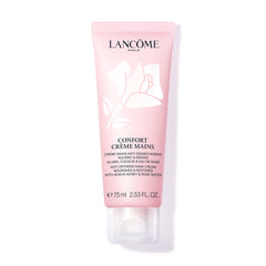 Lancôme Confort Hand Cream bottle close-up shows rich moisture for quick hydration.