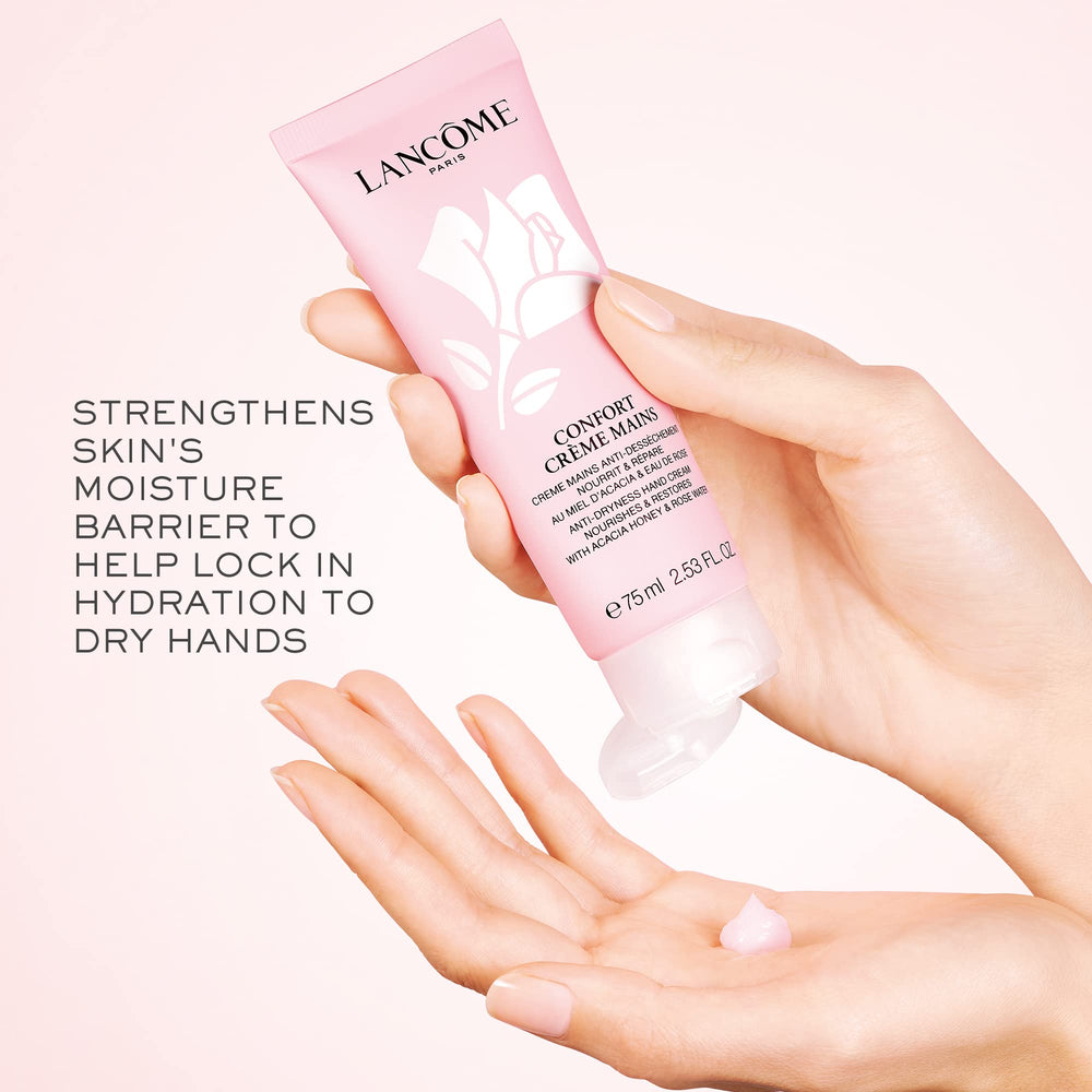 Lancôme Confort Hand Cream texture close-up highlights non-sticky, fast-absorbing formula.