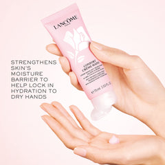 Lancôme Confort Hand Cream texture close-up highlights non-sticky, fast-absorbing formula.
