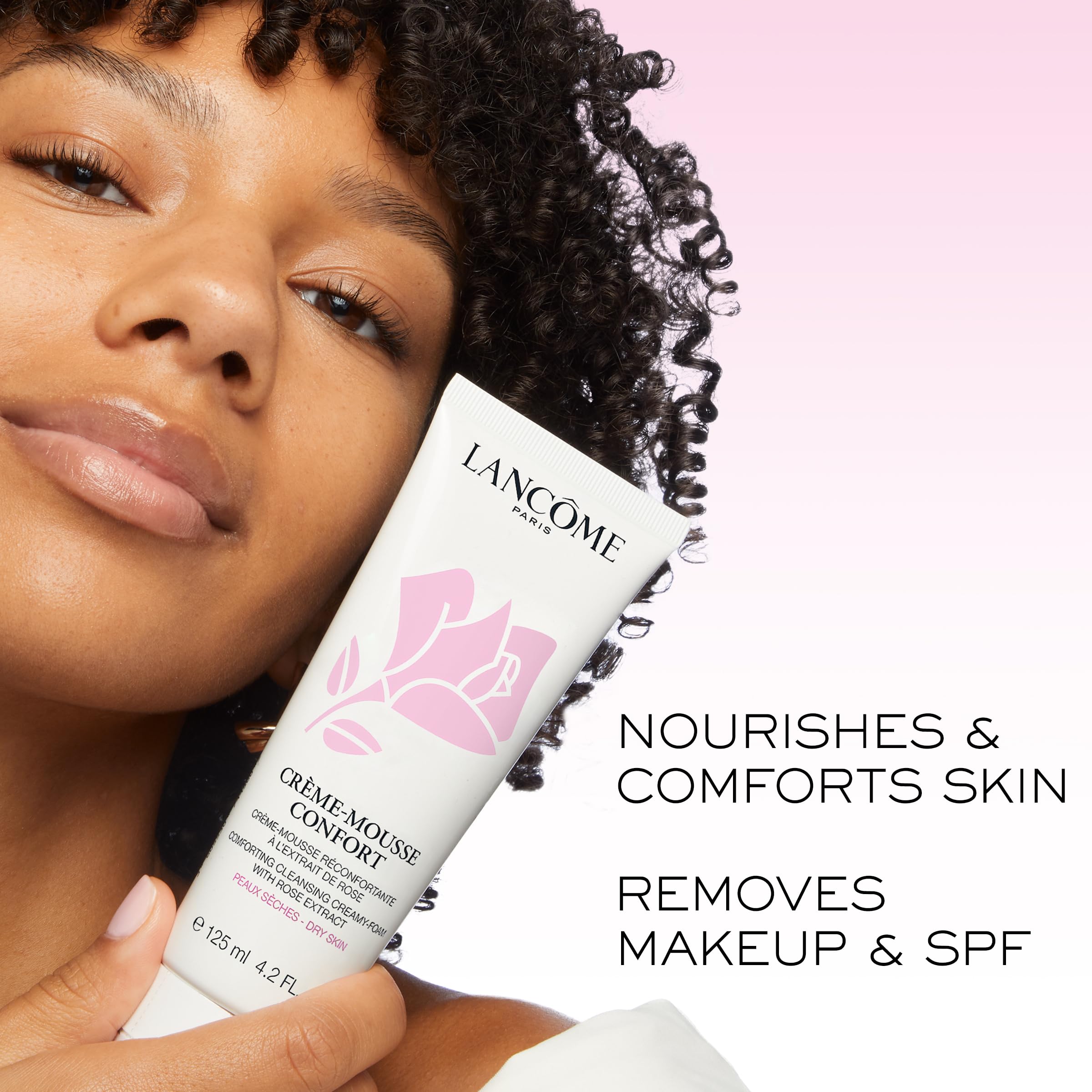 Lancôme Créme Mousse Confort features rose de France flower for soothing comfort.