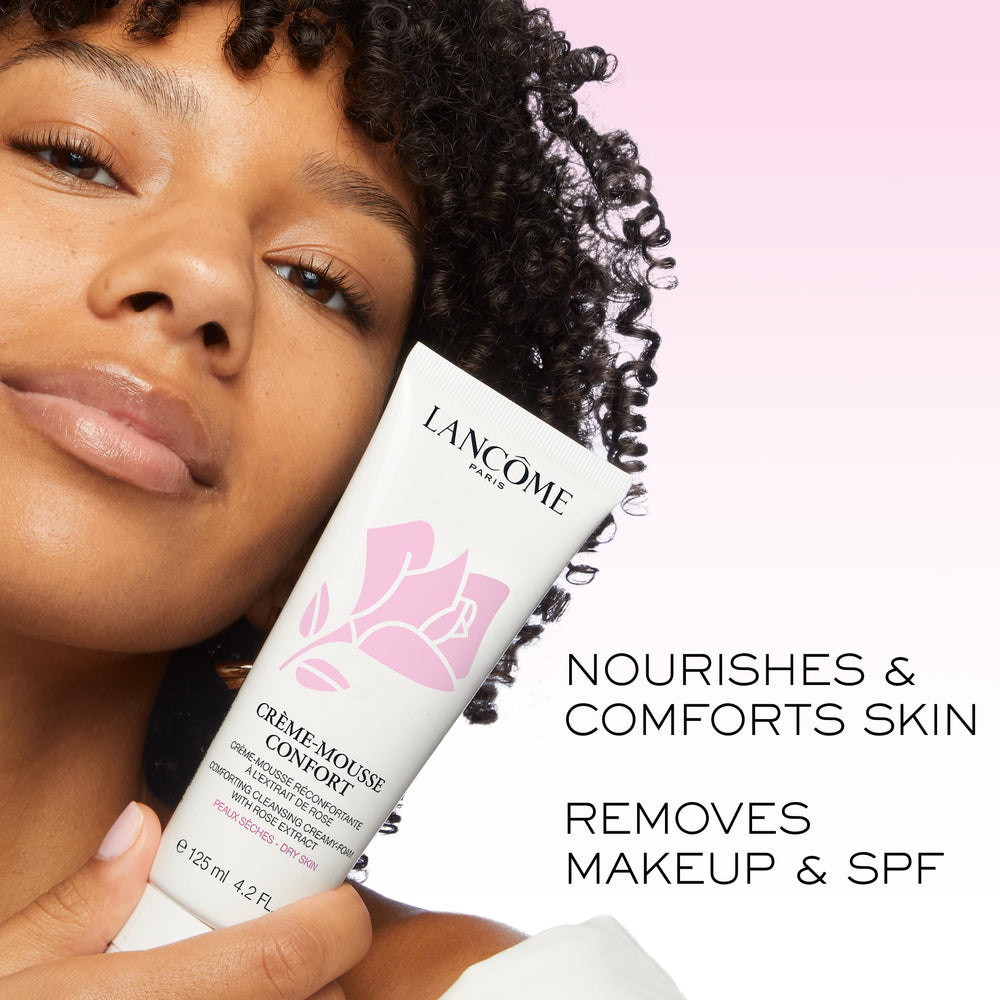 Lancôme Créme Mousse Confort features rose de France flower for soothing comfort.