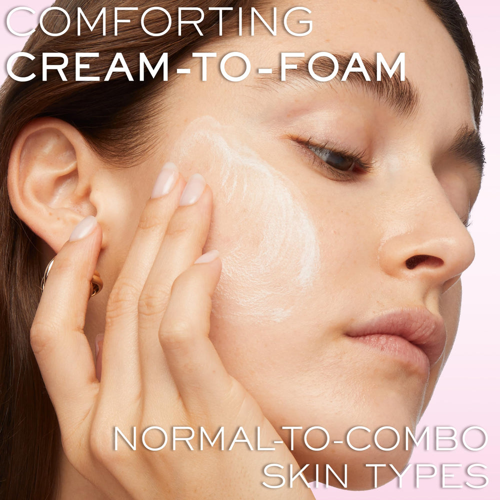Lancôme Créme Mousse Confort highlights rosehip oil drop for hydrating cleanse.