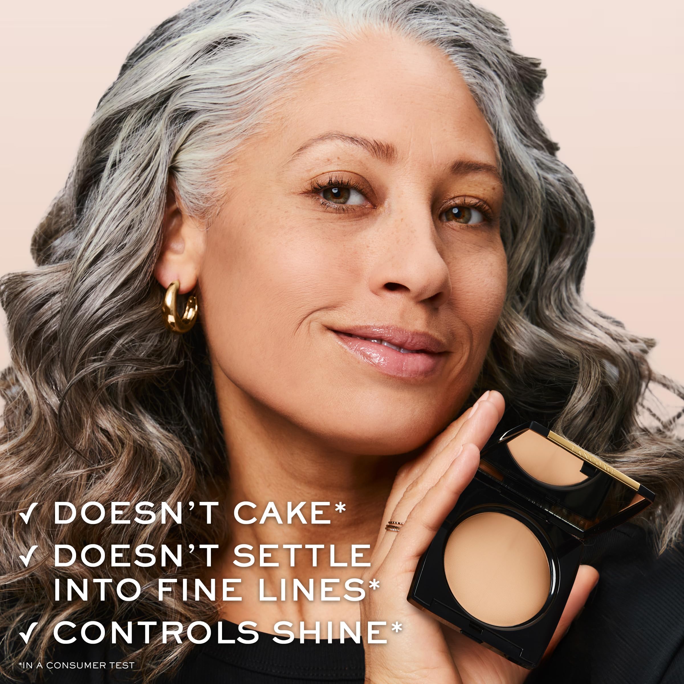 Lancôme Dual Finish portrait shows all-skin-types compatibility for balanced coverage.