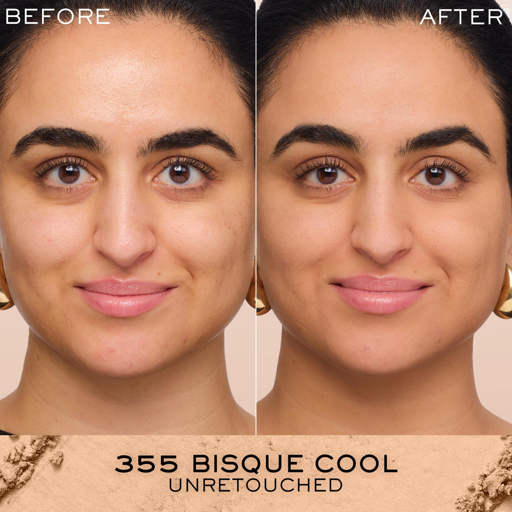 Lancôme Dual Finish dry-application swatch demonstrating smooth, flawless coverage and oil-control.