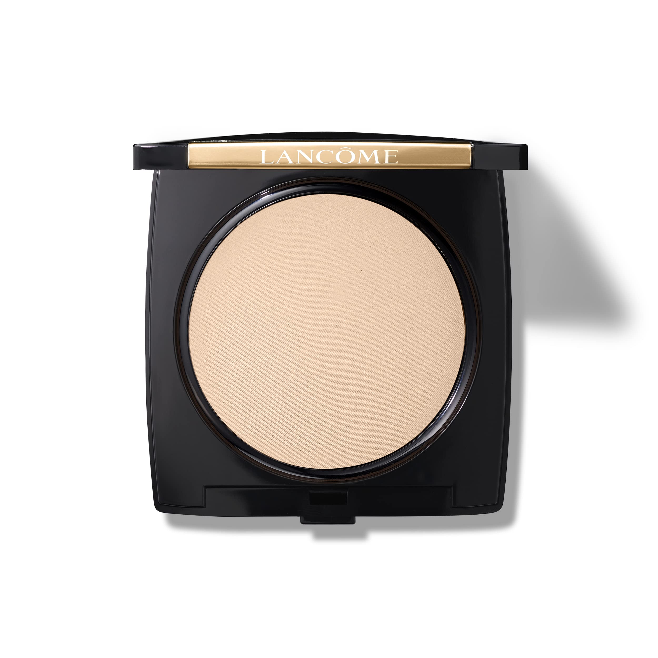 Lancôme Dual Finish Powder Foundation bottle shows natural matte finish for all-day wear.
