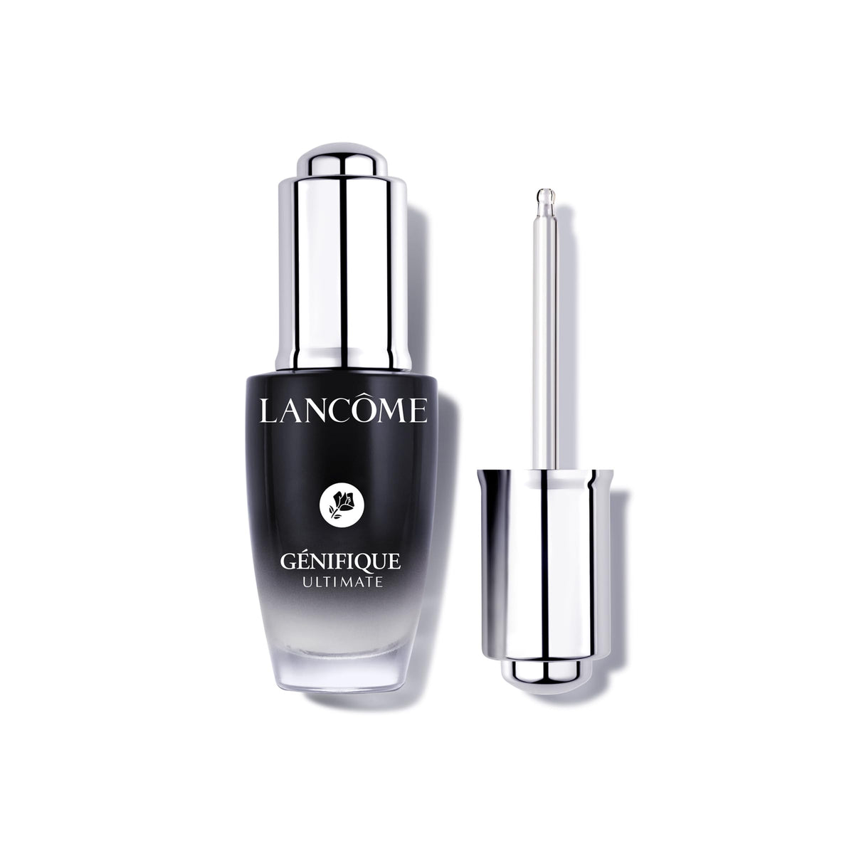 Lancôme Génifique Ultimate Dual Recovery Serum bottle closeup indicating intense hydration for smoother skin