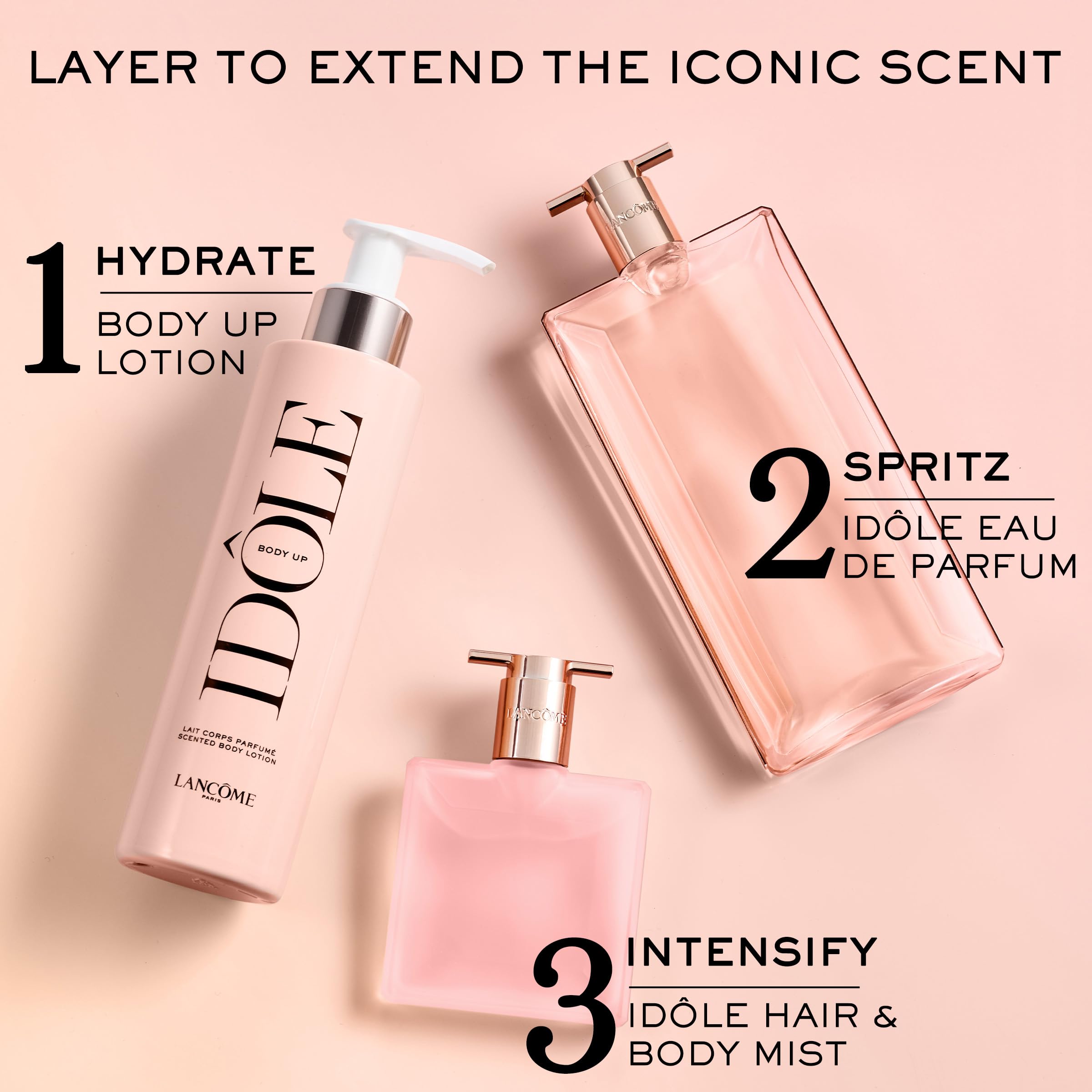 Lancôme Idôle Body Up with fragrance imagery hints at the iconic Idôle scent.