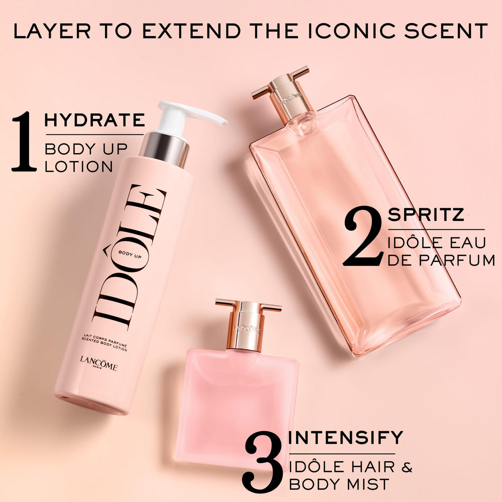 Lancôme Idôle Body Up with fragrance imagery hints at the iconic Idôle scent.