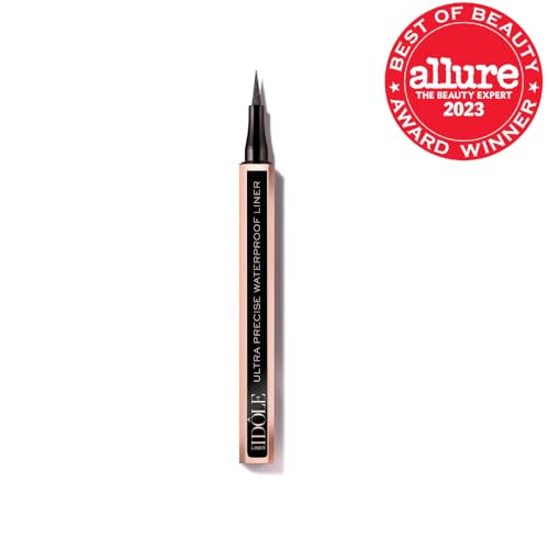 Lancome Idole Liner waterproof swatch shows lasting glossy black color.
