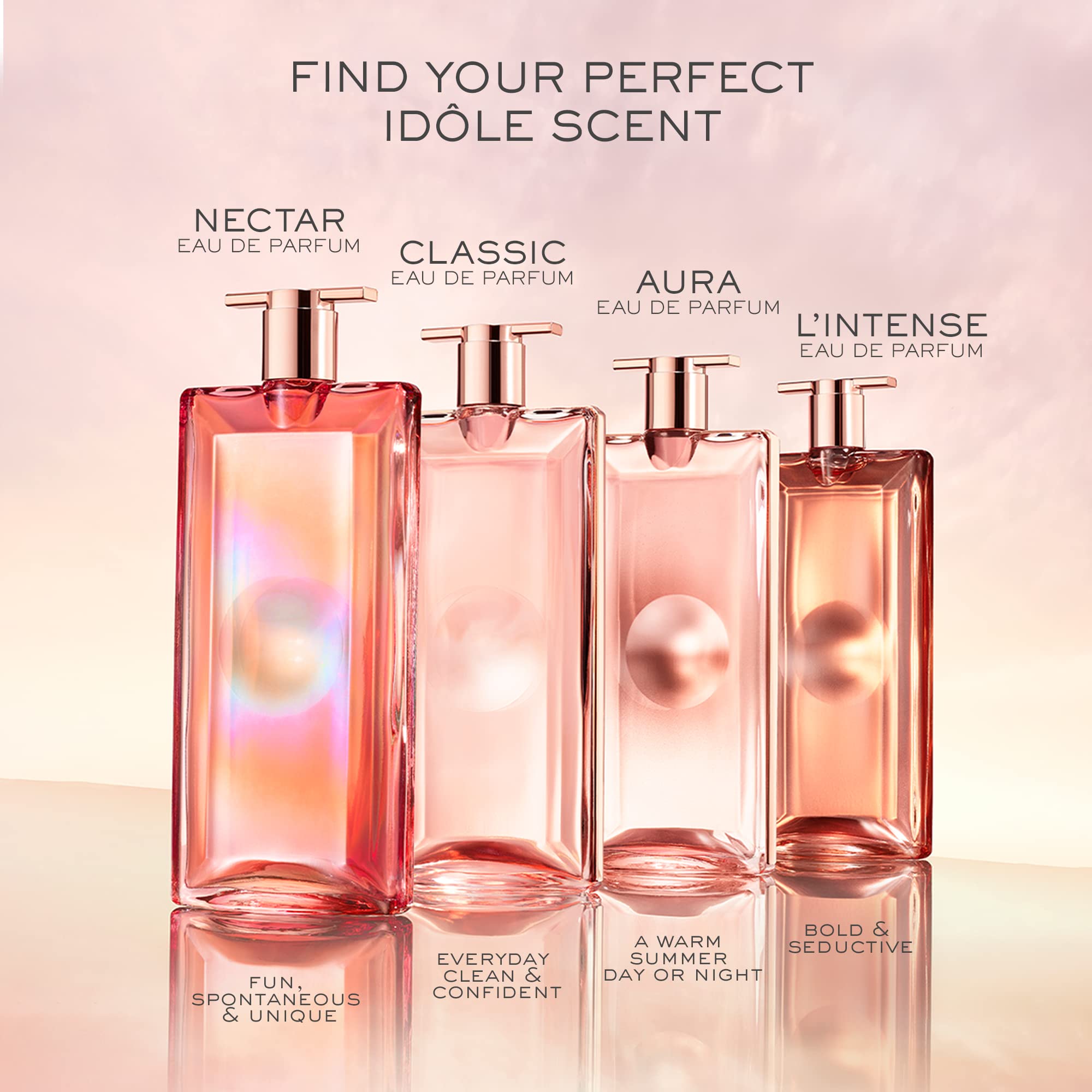 Lancôme Idôle Nectar on-shelf display conveys bold peach vibe and shelf appeal.